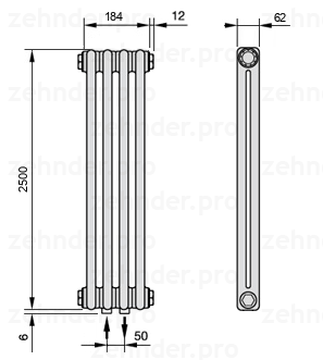 Схема (чертеж) Радиатор Zehnder Charleston 2250/4 №3470 Белый глянцевый RAL 9016